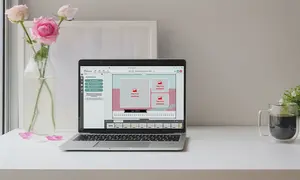 Wandkalender A4 gestalten, Motiv geöffneter Laptop, eine Kalender wird erstellt, rosafarbene Blumen