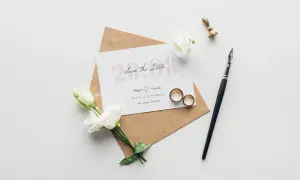 Hochzeitskarten, Save-the-Date-Karte, weiß mit rosa Schrift, rosa Umschlag, zwei Ringe, eine Schreibfeder, ein Blume und Prägestempel