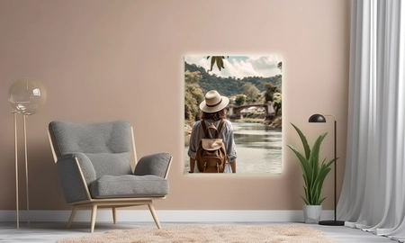Beleuchtete Backlit Folie an Wand, Motiv Frau, die in die Ferne auf Fluss und Dschungel blickt
