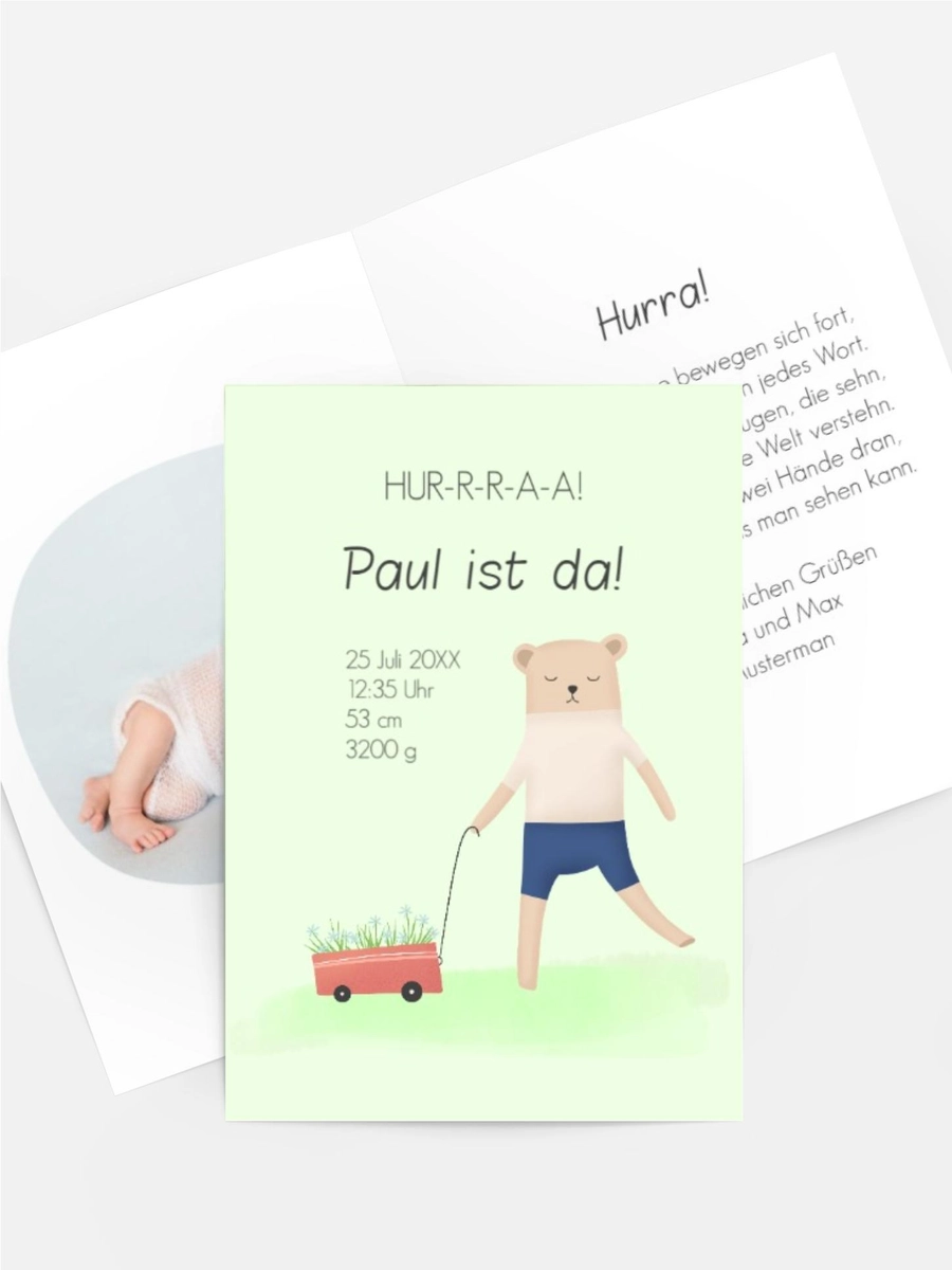 Babykarten mit Text und Fotos selbst gestalten und bequem liefern lassen. Design Süßer Teddybär Im Format 148 x 105 mm bei druckstdu.de