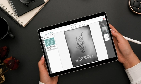 Trauerkarte, Einladungskarte, Sterbebilder, Dankeskarte online gestalten, Motiv Tablet mit Trauerkarte, graue Farbe und schwarzer Blütenzweig