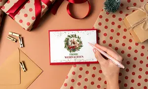 Weihnachtskarte mit Foto, Motiv Efeuzweig, bunte Punkte, Farben weiß und bunt